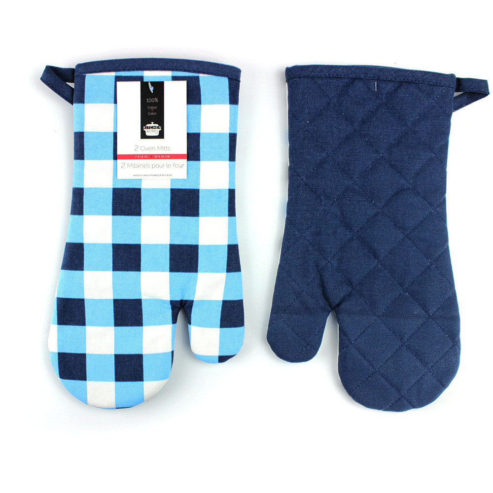 Quality Blue Check Print Canvas Poly Cotton Cheap Custom Microwave Glove Oven Mitt for sale