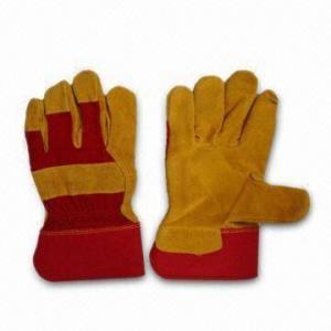 Quality Full Palm Leather Gloves with Red Twill Cotton Back and Rubberized Cuff for sale