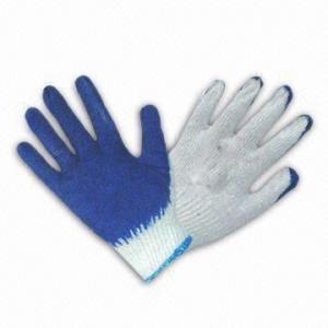 Quality Cotton String Knitted Gloves with Blue Latex Coating for sale