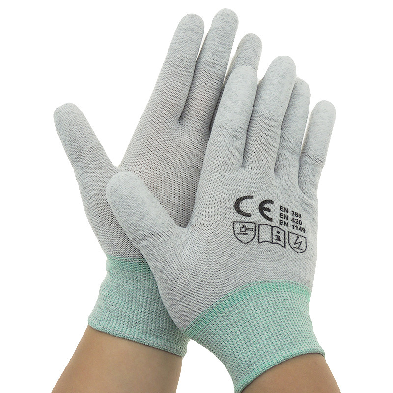 Quality Nylon 40D Carbon Yarn 240D PU Fingertips ESD Gloves for sale