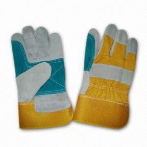Quality Leather Double Palm Gloves with Yellow Twill Cotton Back and Rubberized Cuff for sale