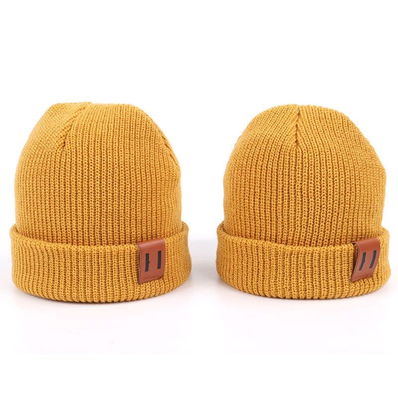 Quality Leather Patch Knit Beanie Hats Custom Design Warm Hat Cap Yellow Beanie Hats for sale