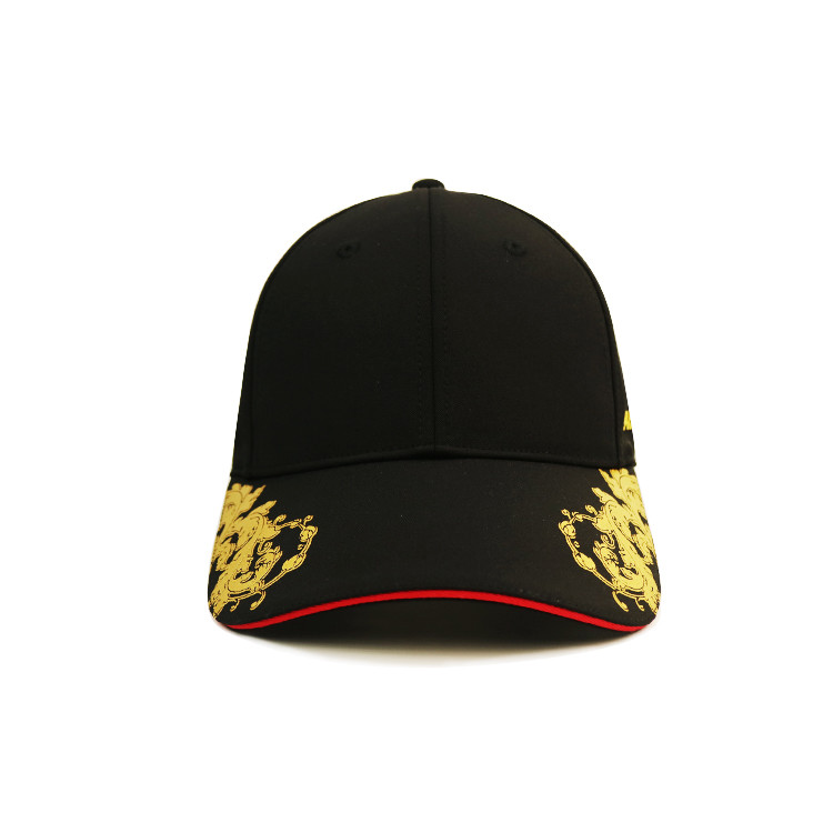Quality Gold Print On Both Sides Black Sport Cap , 6 Panel Baseball Custom Logo for sale