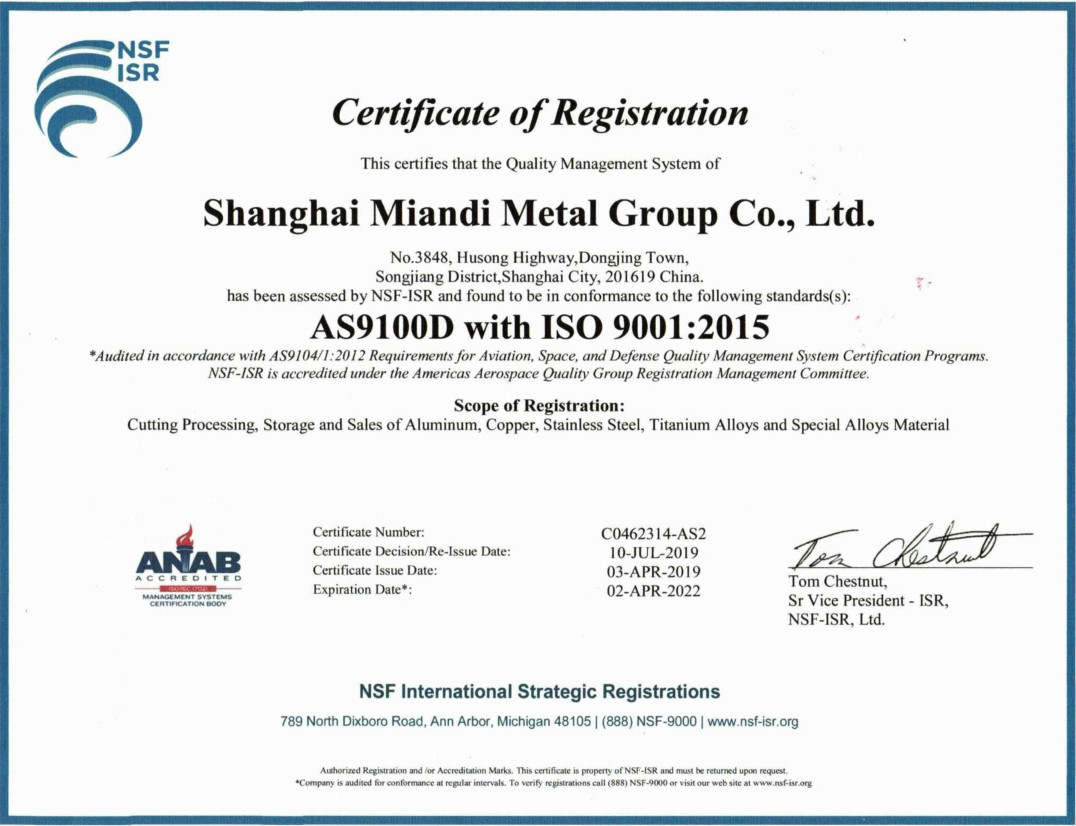 Shanghai Miandi Metal Group Co., Ltd Certifications