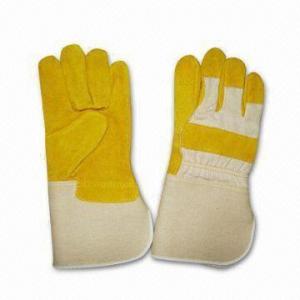 Quality Full Palm Leather Gloves with White Twill Cotton Back and Rubberized Cuff for sale