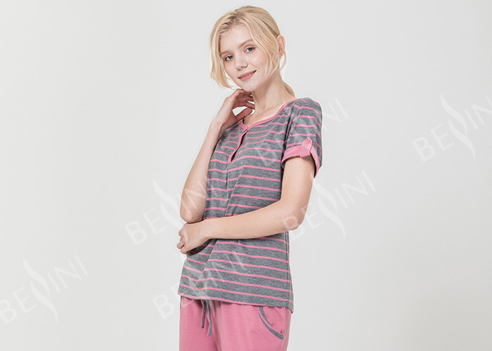 Quality Homestyle Round Neck Women'S Pajama Short Sets , Ladies Striped Pyjamas sets for sale