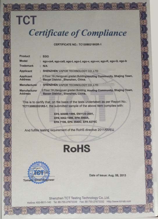 Shenzhen Vapor Tech Co.,Ltd. Certifications