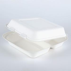 8x8 3 compartment bagasse pulp hinged delivery container box