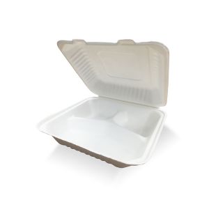 8x8 3 compartment bagasse pulp hinged delivery container box