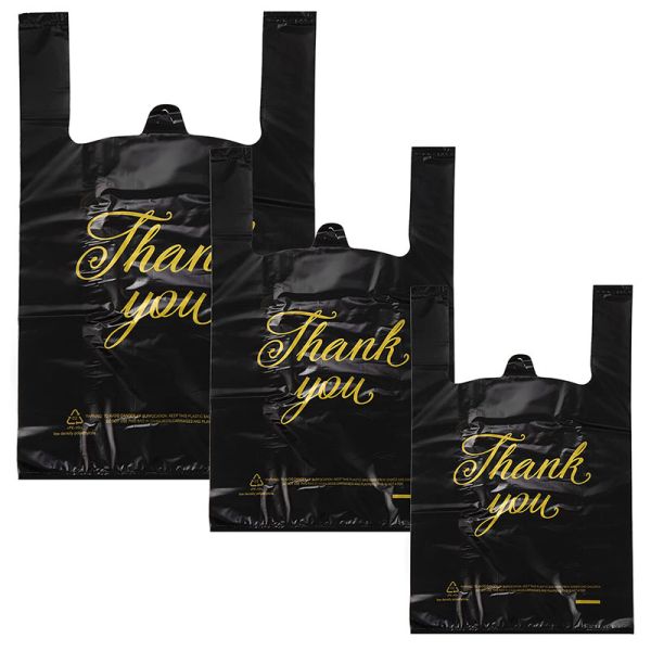 Buy Custom Logo T Shirt Grocery Bags T-Shirt HDPE LDPE Thank You Black Plastic Shopping Bag With Handle at wholesale prices