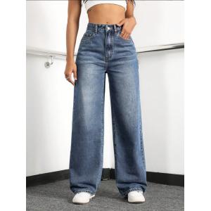 Sky blue high-waisted straight-leg jeans for women