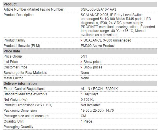 6GK5005-0BA00-1AA3 6GK5 005-0BA00-1AA3 Siemens Ethernet Switch