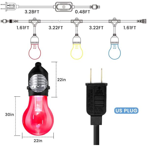 48ft 15 Bulbs Rgb Backyard Dimmable Outdoor Bulb String Lights