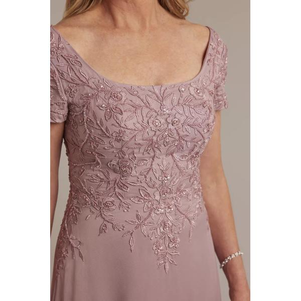 Exquisite Embroidered Zipper Short Sleeve Quartz Satin Split Slit Plus Size A-line Mother Of The Bride Dress