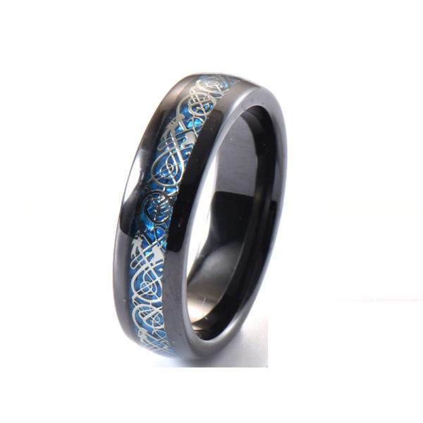 Dome Black Ceramic Wedding Band 6mm Blue Carbon Fiber And Dragon Inlayed Polished
