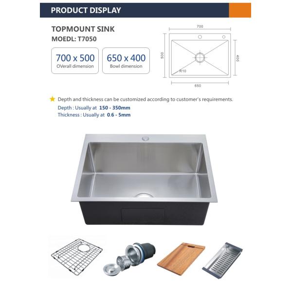 Rectangular 16 Gauge 30 Single Bowl Top Mount Kitchen Sink 70x50