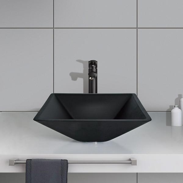 Buy 142mm Acid Matt Black Basin Square Funnel Shape Tempered Bathroom at wholesale prices