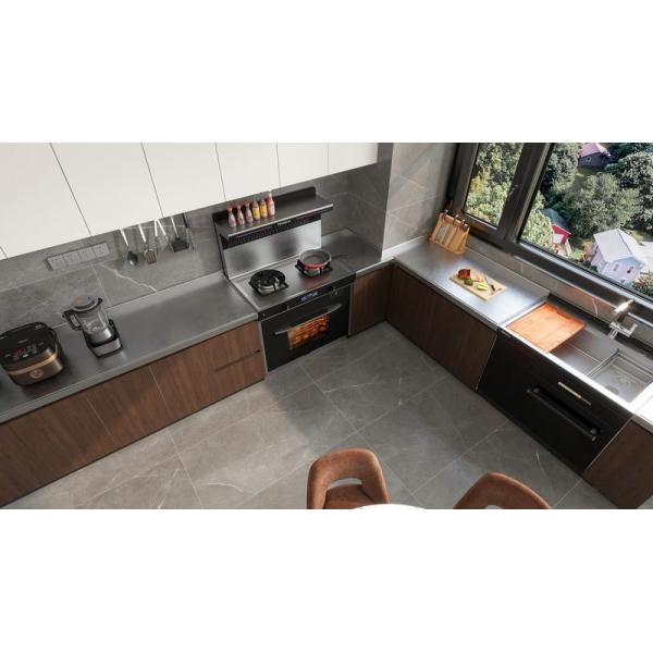 Elegant Wood Grain Finish L-Shaped Stainless Steel Kitchen Cabinet