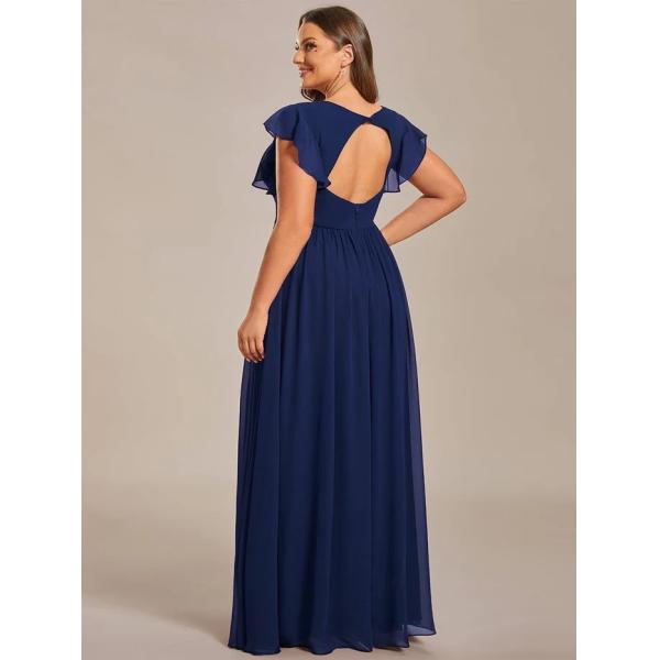 Empire Plus Size V-neck Open Back Ruffled A-line Cap Sleeves Navy Blue Chiffon Homecoming Dress