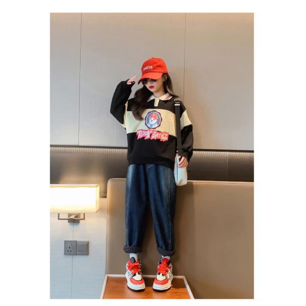 Children's Spring and Autumn clothing matching color warm casual jumper cartoon printed hoodie Korean two-piece set