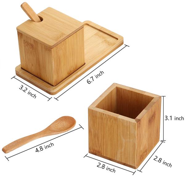 Natural Bamboo Square Salt Spice Herb Dry Storage Box With Lid Spoon 17x7.1x8.2cm