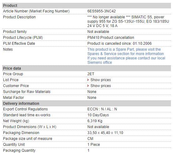 6ES5955-3NC42 6ES5 955-3NC42 Siemens Power Supply