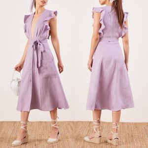China Clothing Fashion Women Ruffle Shoulder Midi Linen Dress Ladies on sale