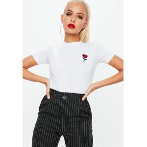 White Rose Embroidered Crop T Shirt Clothing Women