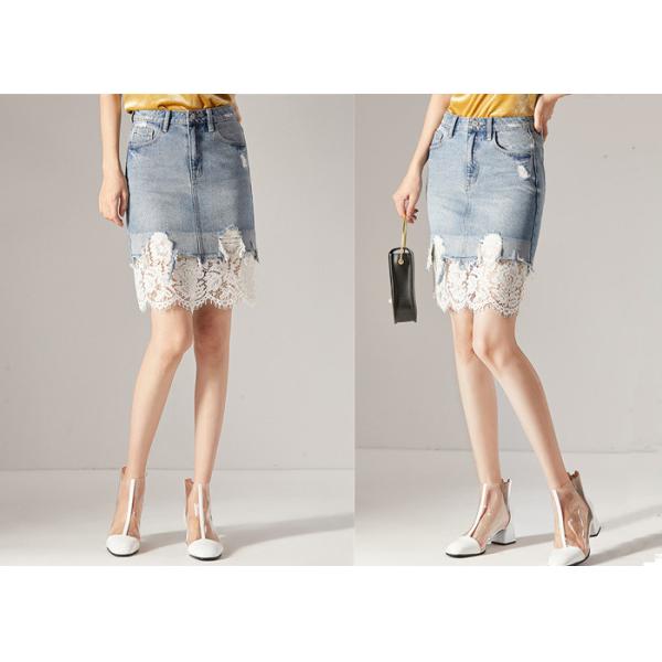 Buy Lace Hem Women Patch Pocket Rips Denim Short Skirt at wholesale prices