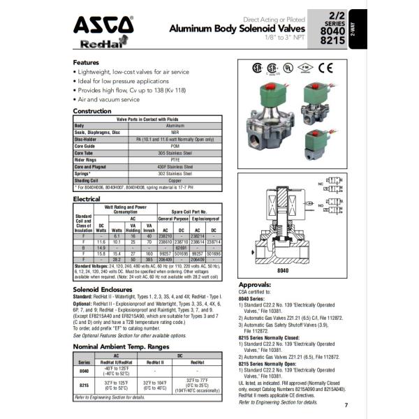 High Flow ASCO Solenoid Valve 2 Position 2 Way Aluminum Gas Valve 8040-8215 Series