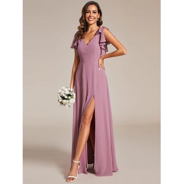 Empire Plus Size V-neck High Split A-line Short Sleeve Zipper Purple Orchid Chiffon Evening Dress