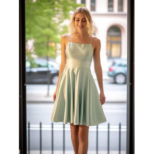 Spaghetti Strap A-line Backless Short Mini Sage Green Satin Cocktail Dress