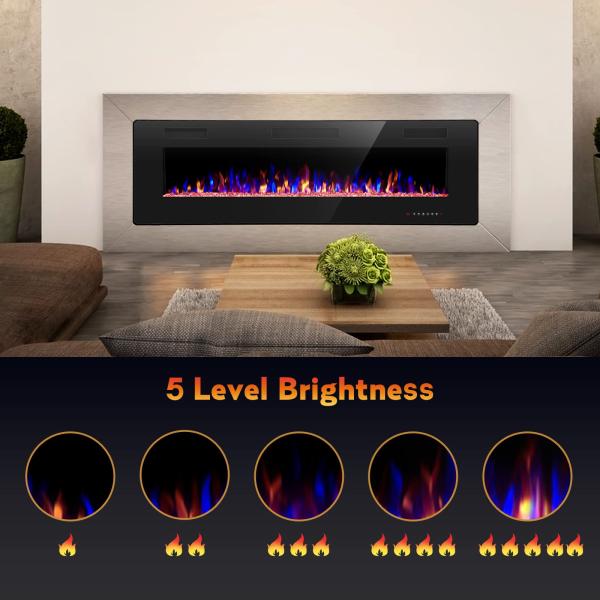 12 Bed Color Mode AJUNION 60 Inch Wall Mounted Silk Screen Printing Electric Fireplace
