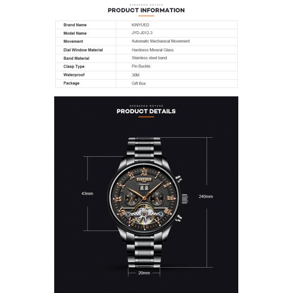 Fashion Stainless Steel Tourbillon Movement Mens Watch Waterproof KINYUED Automatic Mechanical Watches