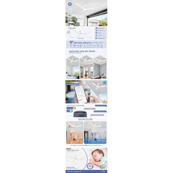 Modern Flush-Mount Ceiling Fan With LED Light For Indoor Smart APP Control