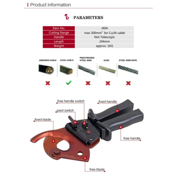 Not Rated Jaw Surface Ratchet Cable Cutter Industrial Grade for 75mm Diameter Cables
