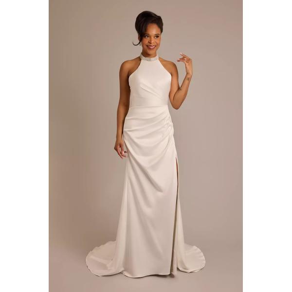 Stunning Customized Size Crystal Halter Ruffles Split Slit Sheath Chapel Train Zipper Ivory Satin Wedding Dress