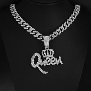 Fashion Rhinestone Crown Queen Pendant Necklace Hiphop 11mm Cuban Link Chain