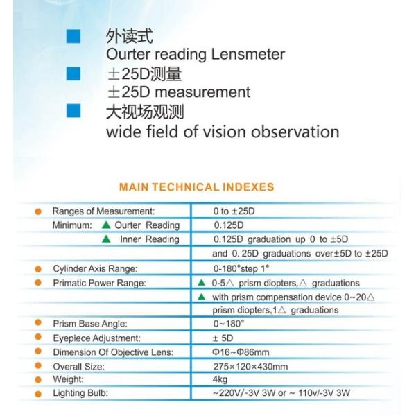Portable Ophthalmology Equipment Manual Outer Reading Lensmeter Focimeter