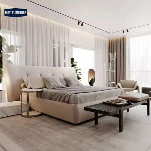 Modular queen size bed room furniture set featuring full upholstered linen frame