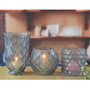 8" Grey Embossed Fence Pattern Glass Candle Holders