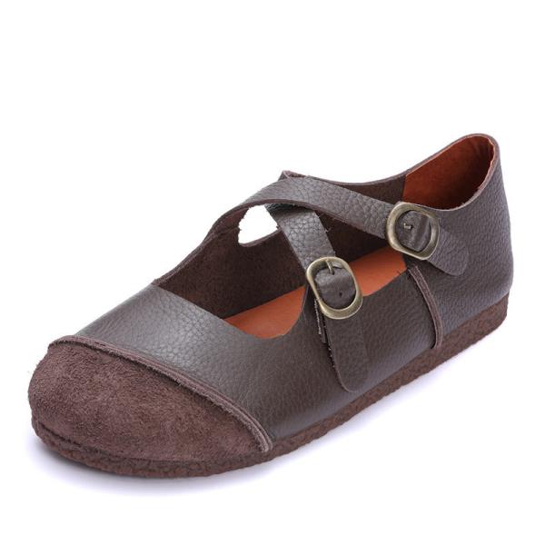 Buy S059 Factory retro contrast stitching leather women's shoes original handmade belt buckle shallow shoes at wholesale prices