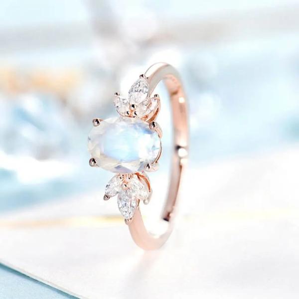 Rose gold Women 925 Sterling Silver Bridal Marquise Jewelry Faceted Oval cut Moonstone Engagement Ring For Women