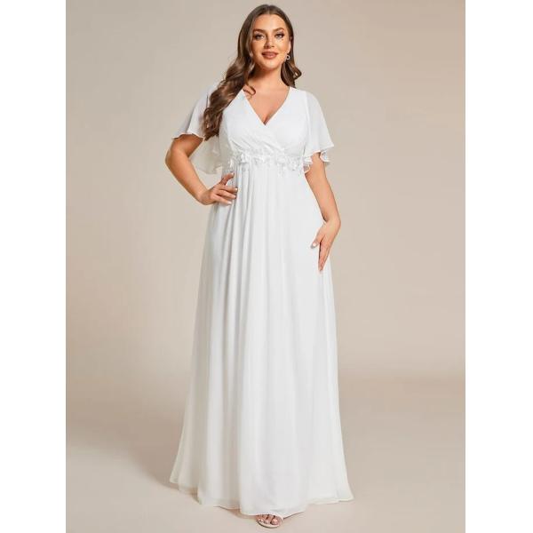 Empire Plus Size Applique Short Sleeve A-line V-neck Flutter Sleeves Invisible Zipper Cream Chiffon Prom Dress