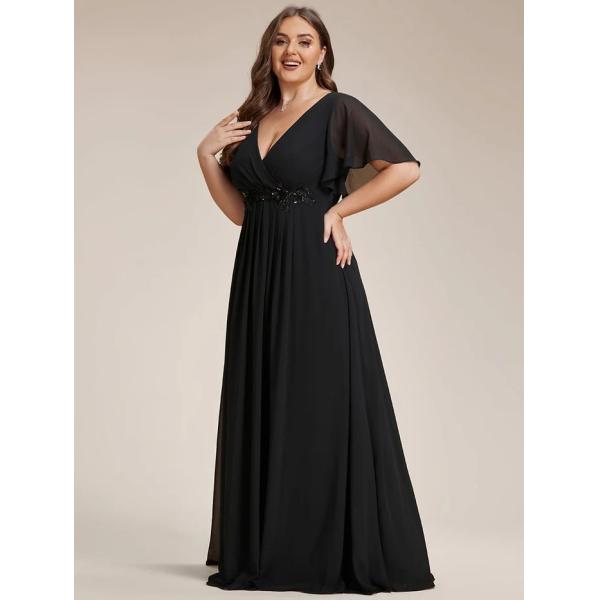 Empire Plus Size Applique Short Sleeve A-line V-neck Flutter Sleeves Invisible Zipper Black Chiffon Evening Dress