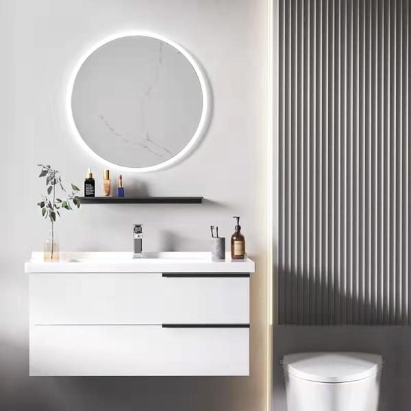 Floating wall hung vanity unit with natural wood finish and ceramic sink