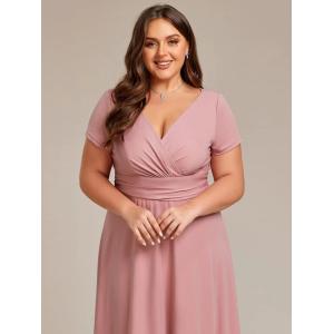 Simple Plus Size V-neck Empire Waist A-line Short Sleeve Zipper Dusty Rose