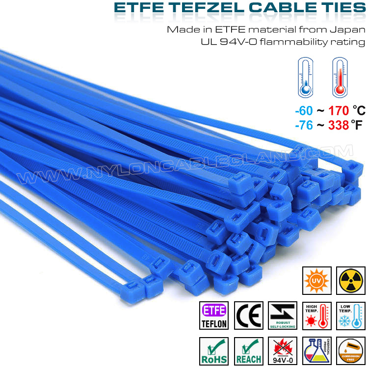 Aqua Blue Teflon Cable Tie 200 x 4.8mm, ETFE Cable Tie 94V-0, Tefzel Cable Tie 50 Lbs for Extreme Environments