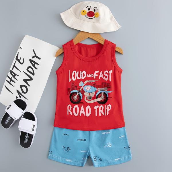 Vest Cartoon Printed Nightwear Motorcycle Red Childrens Pyjamas For 140cm Height