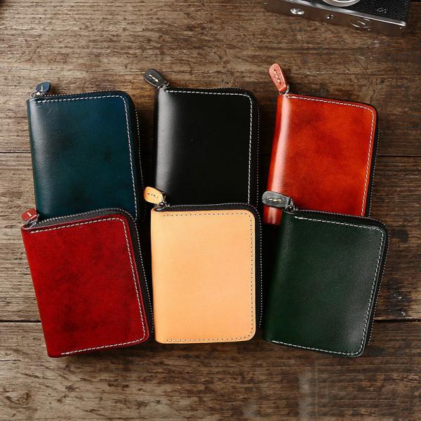 Retro Style Short Zipper Wallet Money Cloth Made of Vegetable Tanned Cowhide Leather